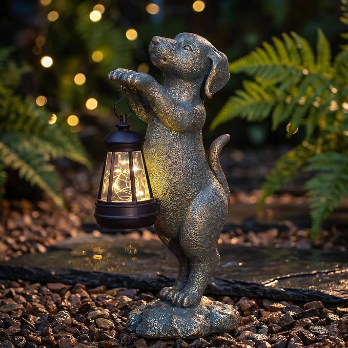 Solar Dog Garden Statue - Puppy Holding Lantern Outdoor Decor, Waterproof Resin Yard Art Figurine with Warm LED Light for Lawn, Patio, Porch & Pathway, Perfect Housewarming Gift for Dog Lovers