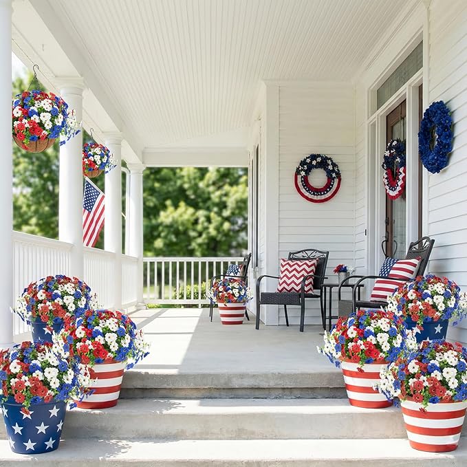 Hananona 2 Set Artificial Outdoor Flowers with Hanging Basket, 2 Hanging Planters with 24 Pcs Patriotic Flowers for Summer Front Porch Patio 4th of July Decor (Red, White, Blue)
