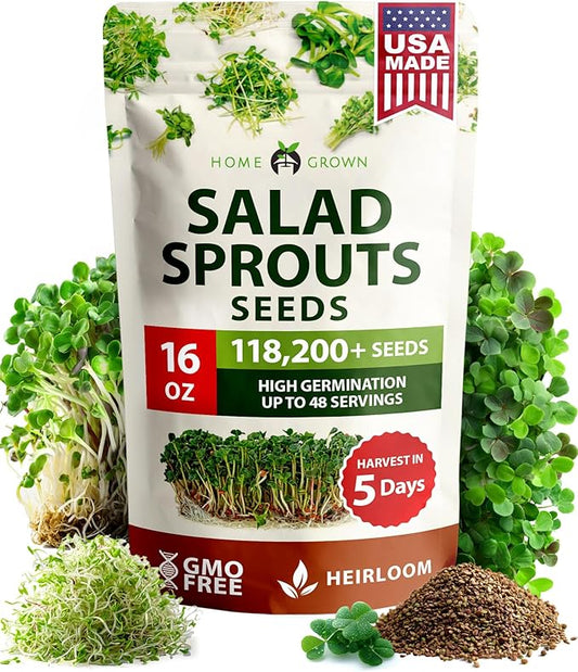 HOME GROWN Premium Sprouting Seeds Mix - Microgreens 118,200 Seeds for Indoor Growing - Non-GMO Broccoli, Alfalfa, Radish, Clover Sprouts Seed - 16oz Resealable Pack for Healthy Salad & Juicing