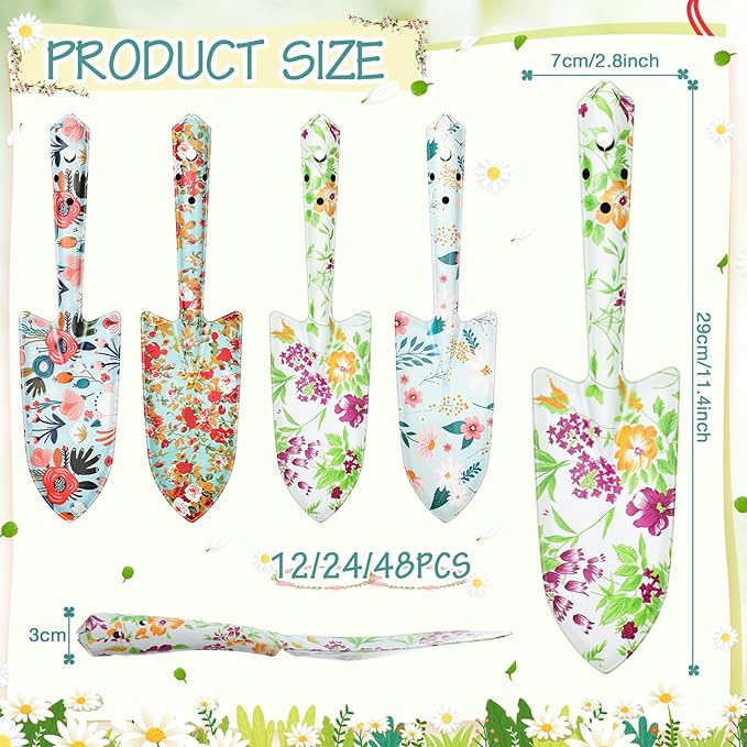 48 Pcs Floral Garden Shovels Bulk Gardening Gift for Women Heavy Duty Metal Garden Tools Floral Hand Shovel Planting for Summer Employees Birthday Thank You Gifts (Green Watercolor Flowers)