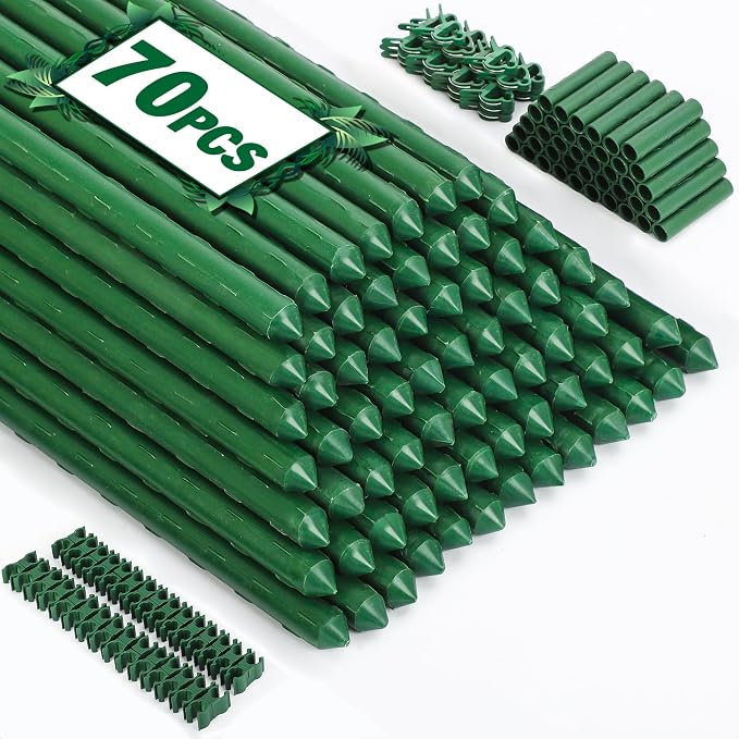 Garden Stakes 70 Pack, 16 Inch Plastic Coated Metal Tomato Stakes, DIY 4ft 5ft 6ft 7ft Plant Support Stakes with 40 Connectors 30 Rotatable Clips 30 Plant Clips for Indoor Outdoor Vegetables
