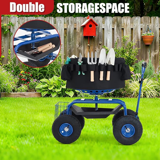 Rolling Garden Cart Workseat with Wheels, 360 Degree Swivel Gardening Stool, Extendable Steering Handle, Tool Tray, 10-Inch Inflatable Tires, Reinforced Steel Frame
