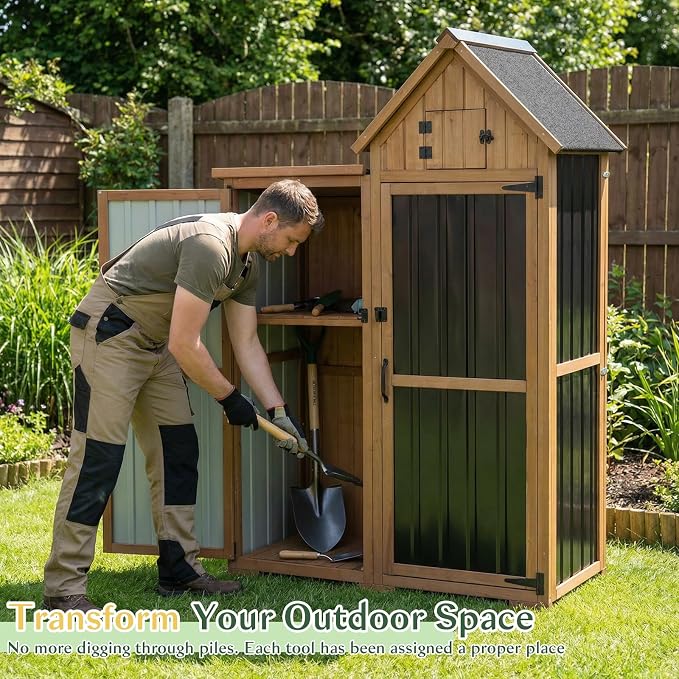 Outdoor Storage Cabinet Weatherproof with 3 Adjustable Shelves, 66'' H Wood & Metal Storage Shed with Lockable Doors & Waterproof Roof, Outside Garden Tool Sheds, Brown