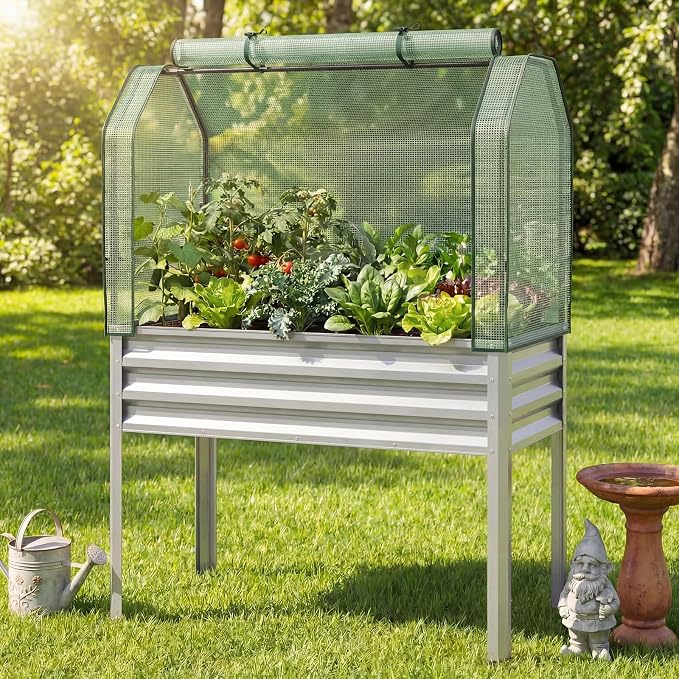 Giantex Raised Garden Bed with Legs & Greenhouse Cover, 44x22x60 Elevated Metal Planter Box with Roll-up Door, Outdoor Mini Greenhouse for Vegetable Flower Herb Patio Balcony (Silver,2)
