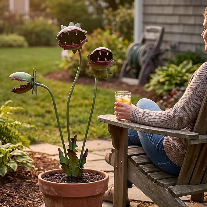 Funny Metal Carnivorous Plant Garden Stake, 25" Large Venus Flytrap Sculpture, Whimsical Outdoor Yard Art for Lawn Patio Planters, Unique Weather-Resistant Garden Decor Gift (64cm（25in）)