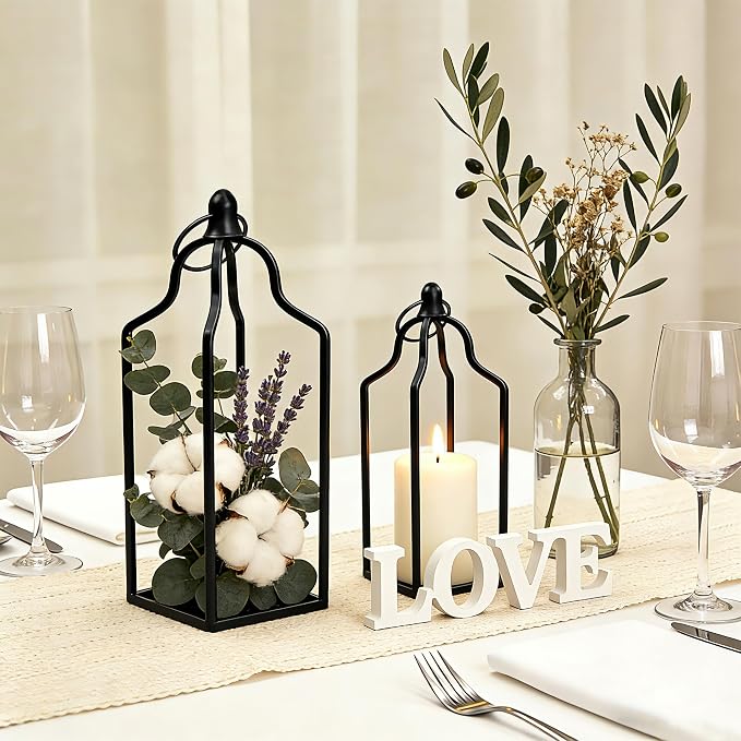 Rustic Farmhouse Decor Metal Lantern Set of 2 Decorative Lanterns for Home Indoor Outdoor Living Room, Fireplace, Patio, Wedding & Kitchen Table Centerpieces (Black, 16.9" 14.5")