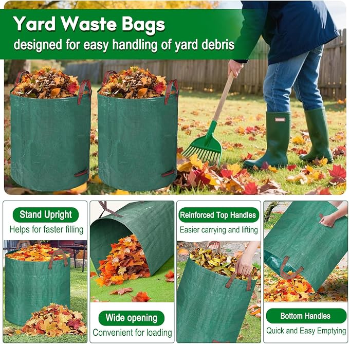 2 Pack Leaf Bags, 53 Gallon Reusable Yard Waste Bags, Heavy Duty Lawn bags Garden Bags for Leaves, Stand-Up Yard Waste Bin with Handles for Grass, Debris and Garbage