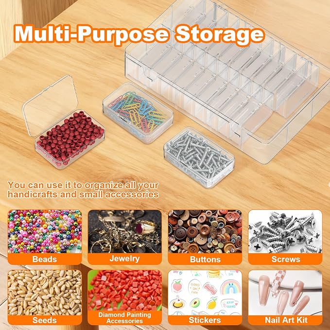 Bead Organizer Box, 24 PCS Clear Plastic Storage Containers Features Hinged Lid and Labels, Craft Storage Box for Jewelry, Diamonds, Clay Beads, Bracelets, Screws, Seeds, Small Parts