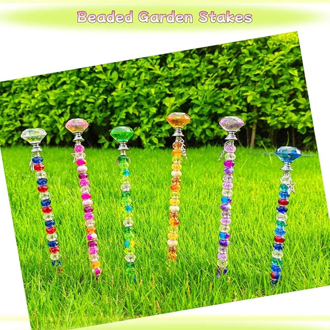 290Pcs Beaded Garden Stakes Kit - DIY Fairy Wand Garden Stake Beads Kit with 240 Colorful Large Hole Beads, Fairy Garden Accessories Outdoor for Different Festivals (6Diamonds & 6Balls)