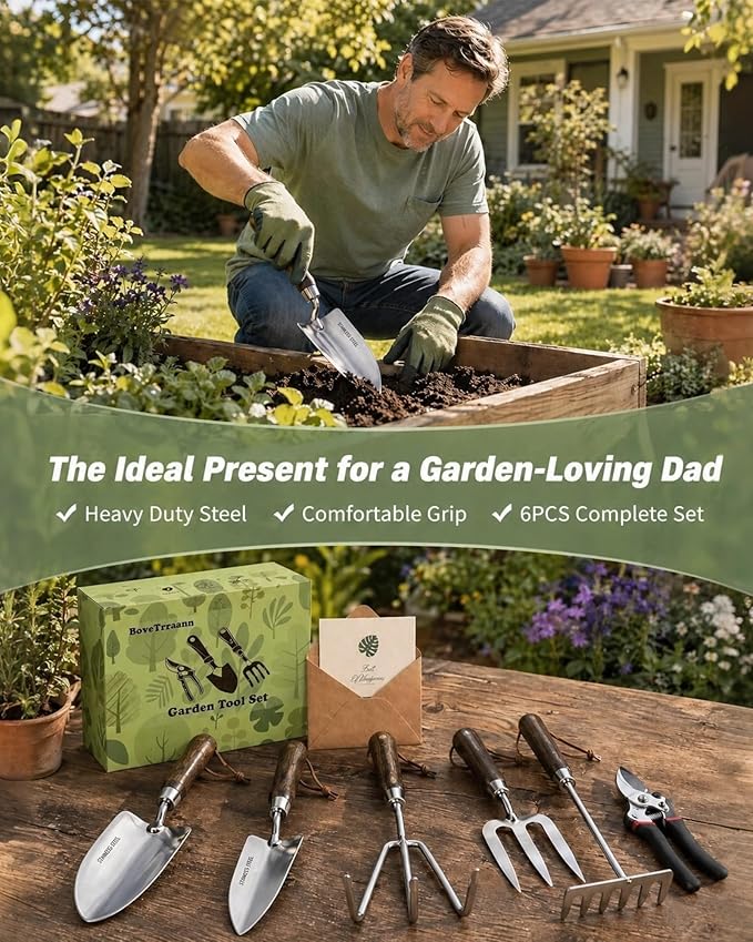 Garden Tool Set, 6PCS Heavy Duty Stainless Steel Gardening Hand Tools with Ropes, Includes Hand Cultivator Shovel Trowel Transplanter 2-in-1 Hoe Pruner Ideal Gardening Gifts for Women Men (Upgrade)