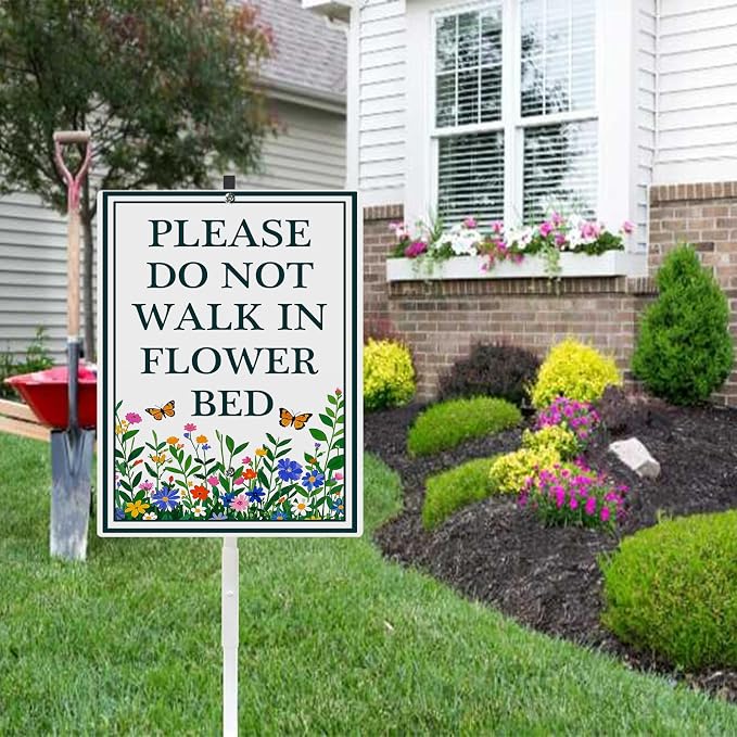Please Do Not Walk in Flower Bed Yard Sign With Stakes Stay Out of Flowers Signs Keep Off Wildflower Pollinator Habitat Reflective Rustproof Aluminium Garden Stake Outdoor 8X12 IN