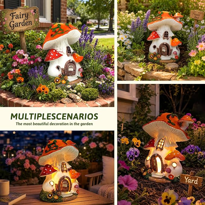 Solar Mushroom House Garden Decor, Fairy Garden Mushroom Cottage Figurines for Outdoor Lawn Patio Pathway Decoration, Gift for Women Mom Grandma