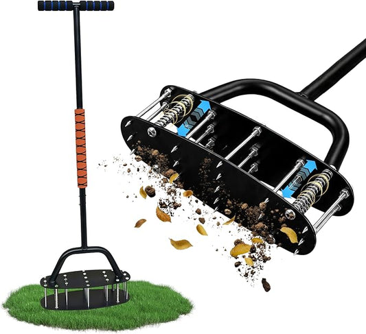 Upgraded Lawn Aerator Tool, 17-Spike Manual Grass Aerator with Automatic Dirt Clean & Double-Layer Spring, Heavy Duty Soil Loosener with T-Handle, Yard Lawn Care Tool, Includes Gloves
