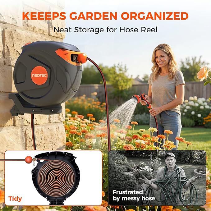 New Retractable Garden Hose Reel 5/8 inch x 50 ft 9 Pattern Nozzle Wall-Mounted Any Length Lock Automatic Slow Return 180° Swivel UV Resistant Heavy Duty Hose Reels for Outside