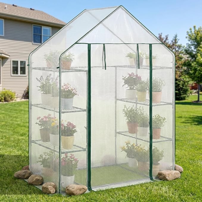 Giantex Walk-in Greenhouse, 4 Tier 8 Shelves, Portable Plant Garden House Indoor Outdoor Mini Growing House for Herb Flower Succulent, Zipped Door, Metal Frame (Clear)