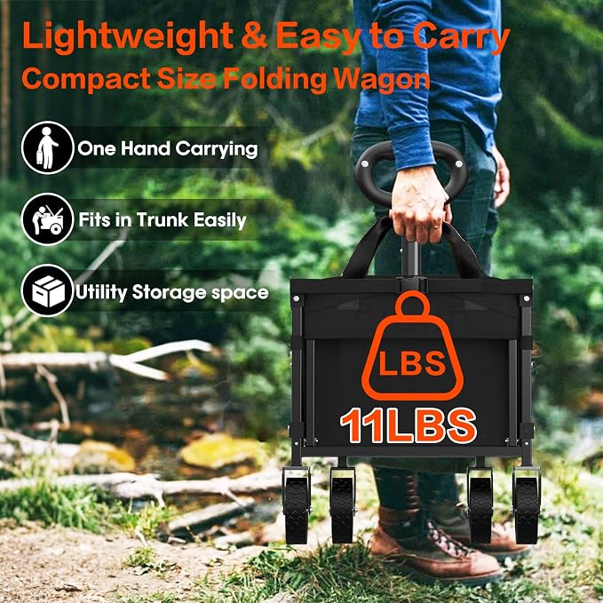 Yozoia 360LBS Heavy-Duty Wagons Carts Foldable 120L Collapsible Wagon Cart with Wheels and Tailgate, Folding Utility Wagon Carts for Groceries, Outdoor Camping, Shopping, Beach, Garden