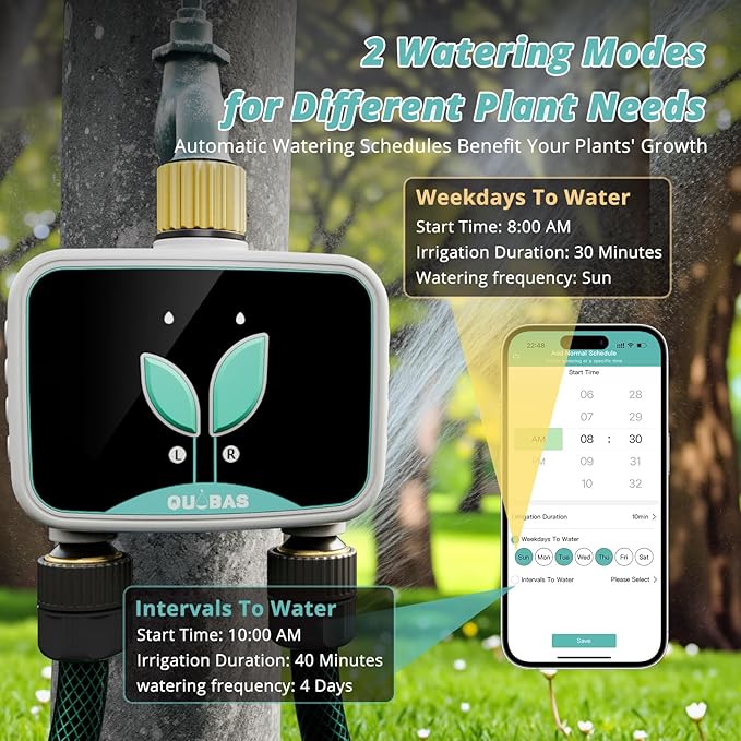 QUOBAS WiFi Water Timer for Garden Hose, 2 Zone Brass Hose Timer WiFi with App Control & Rain Delay/Auto/Manual 3 Modes for Drip Irrigation, Pool & Lawn, Battery Powered, 2.4GHz WiFi Only