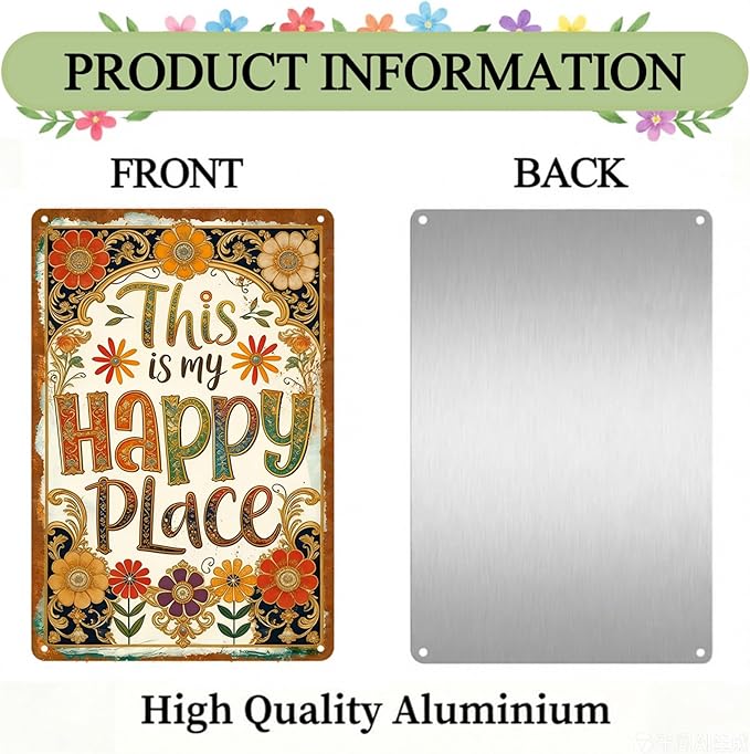 Vintage Garden Signs, Garden Gifts for Women, This Is My Happy Place Garden Decor, Weatherproof Aluminum Metal Sign for Patio Yard Office Bedroom, Boho Wall Decor 8x12 Inch