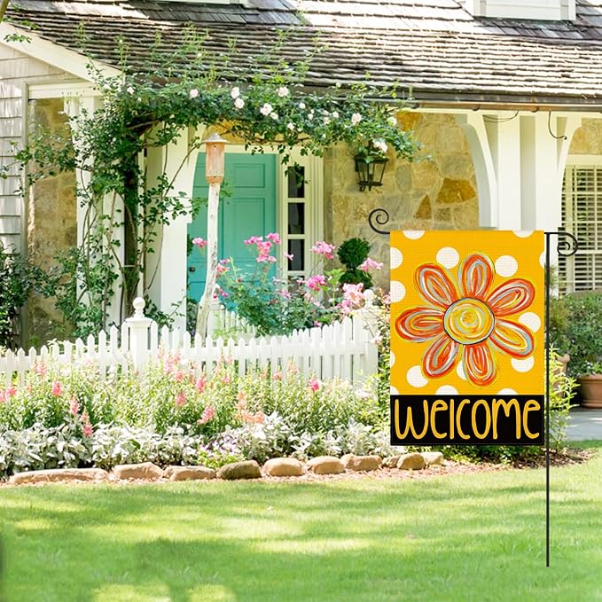 AVOIN colorlife Summer Floral Garden Flag 12x18 Inch Double Sided Outside, Polka Dots Welcome Seasonal Yard Outdoor Flag