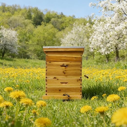 5-Layer Langstroth Bee Hive Kit, 100% Beeswax Coated Wood Beehive Includes 2 Deep Breeding Boxes and 3 Medium Super Boxes, 10-Frame Standard Bee House with Metal Top Cover, No Frames