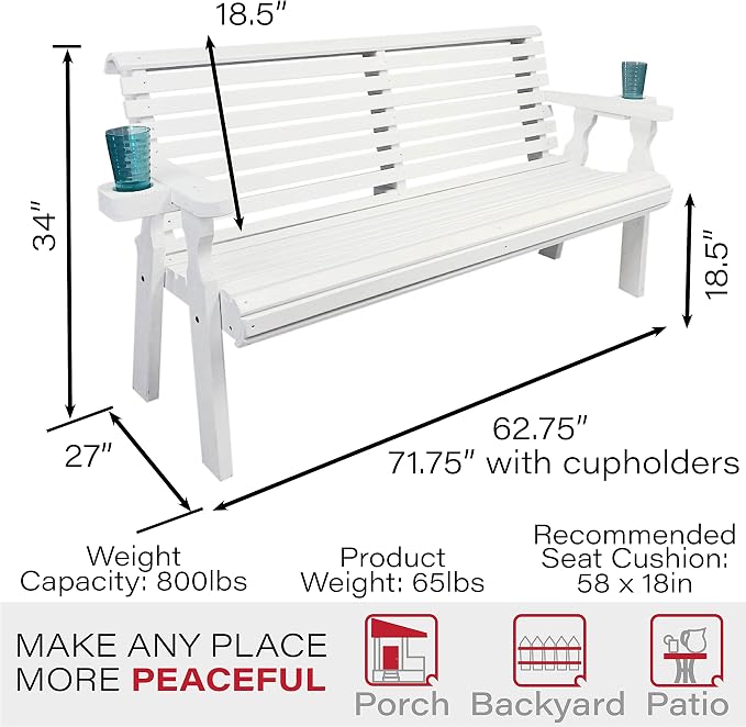 Amish Casual Heavy Duty Pressure Treated 5 Foot Outdoor Garden Bench with Cup Holders - Amish Crafted Roll Back Design in White Stain, 700 Lb Weight Capacity