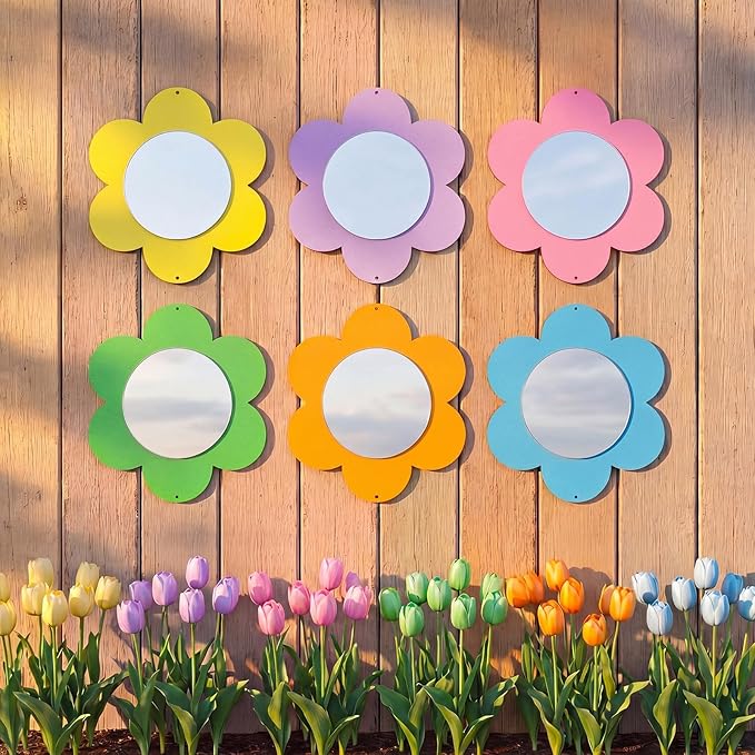 Xuhal 6 Pcs Flower Mirror Set Handmade Learning Tool Outdoor Sign for Sensory Gardens Sensory Rooms Garden Wall Decorations Spring Activitie