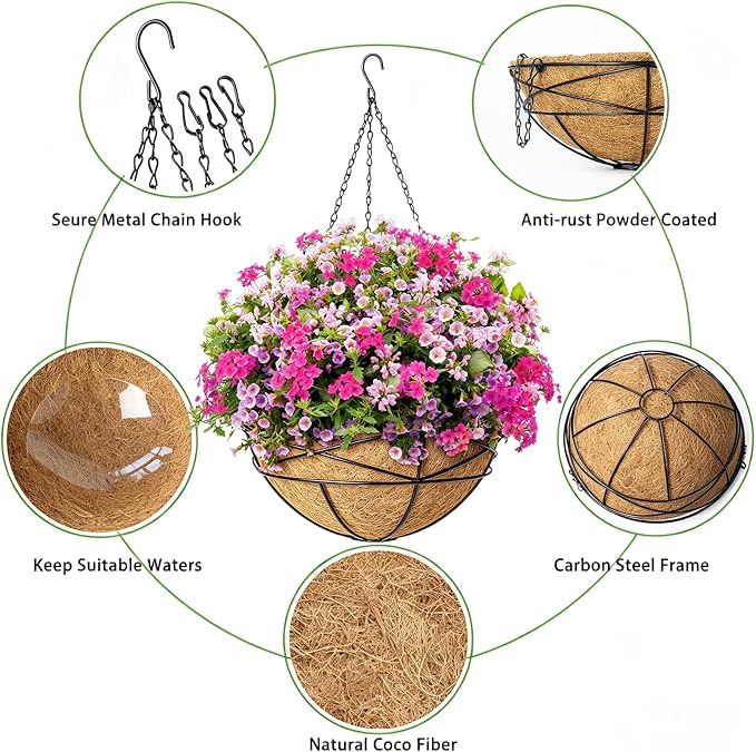 4 Pack 14 Inch Hanging Baskets for Plants Outdoor Large Flower Planters with Coco Liner for Outside Panting Watering Plant Pot Holder for Home Garden Porch Balcony Railings Decor