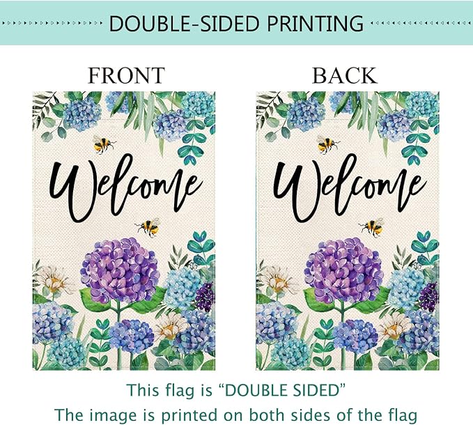 Baccessor Spring Summer Hydrangea Garden Flag Double Sided 12x18 Inch, Blue Purple Flower Floral Welcome Small Yard Flag Burlap Vertical Seasonal Farmhouse Yard Outdoor Decoration