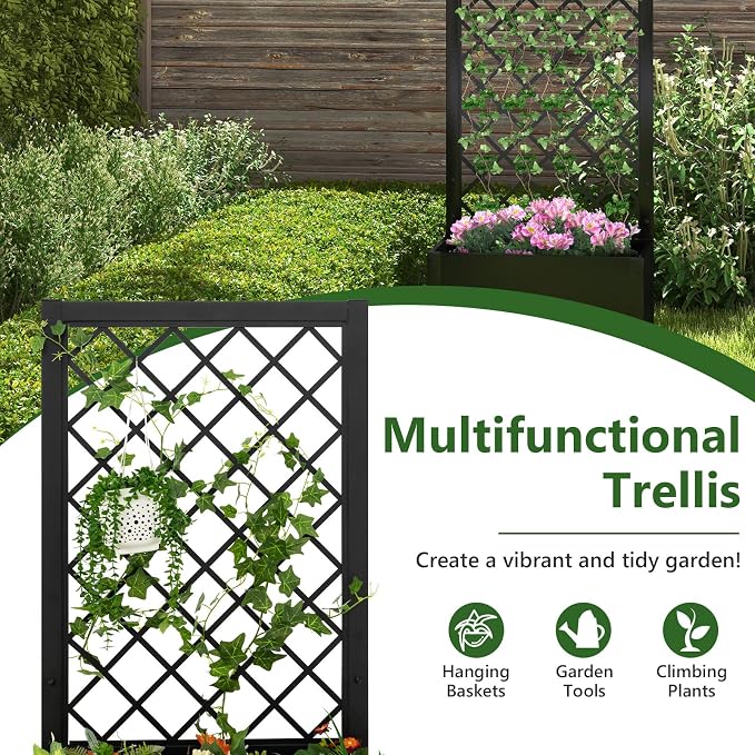 Giantex 44" Metal Raised Garden Bed with Trellis, Elevated Vertical Planter with Garden Trellis for Vine Plant Flower Climbing, Indoor & Outdoor Use Plant Box for Yard Garden Balcony