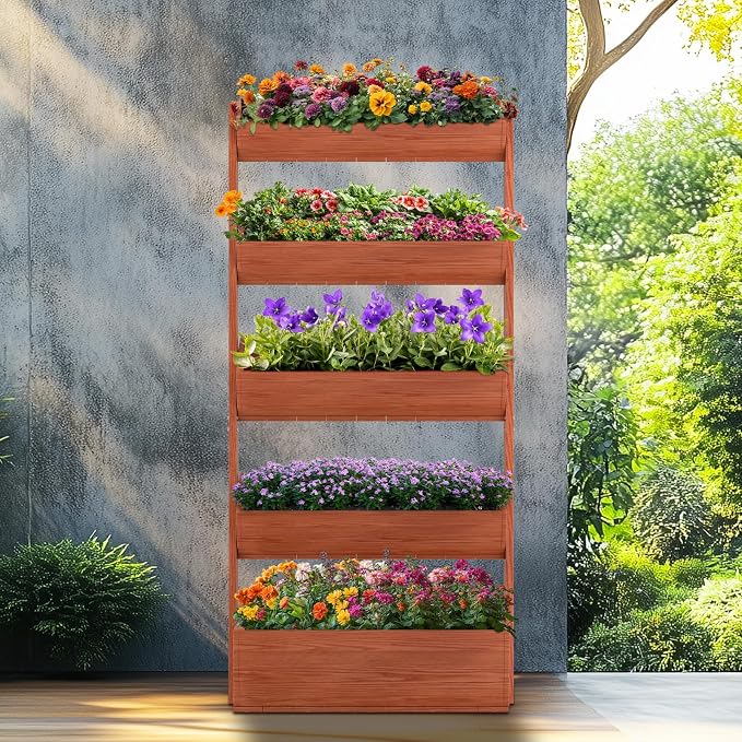 SUNYRISY 5 Tiers Vertical Raised Garden Bed Planter Outdoor, Freestanding Wooden Garden Tiered Planter Box Stand for Planting Herbs Flowers Vegetables Outdoor Gardening