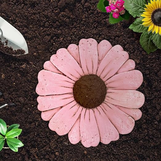 Heavy Duty Concrete Stepping Stone 10 Inch Daisy Design, Non Slip Garden Pathway Stone for Outdoor Walkway Yard Patio Lawn (Pink)