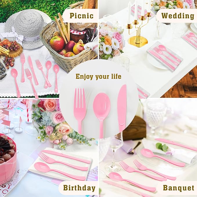 50 Pcs Light Pink Plastic Forks, Pink Plastic Silverware Heavy Duty, Disposable Cutlery Set for Brithday, Wedding, Baby Shower, Bridal Showe, Garden Party