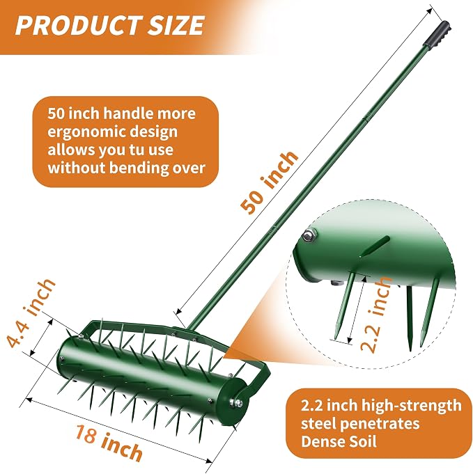 18” Lawn Aerator, Heavy-Duty Manual Lawn Aerator Tool with 50” Metal Handle for Lawn Care, Grass Aerator Lawn Aeration Machine for Garden, Yard, Cropland to Loose Soil