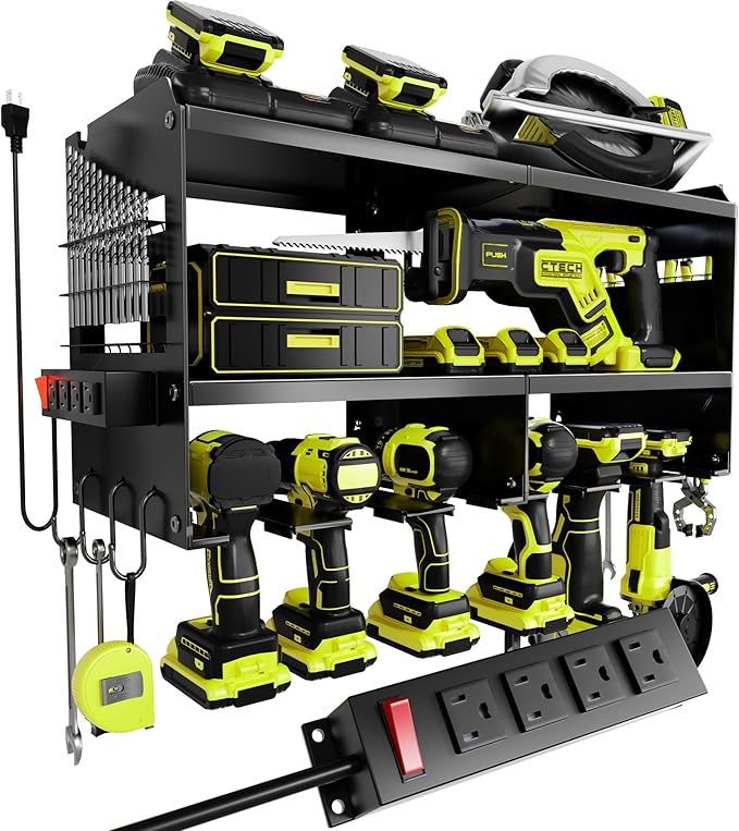 Spampur Fathers Day Gift,Power Tool Organizer Wall Mount with Charging Station, 3 Layer Heavy Duty Metal Tool Storage Rack Loads 420lbs with 6 Cordless Drill Holder, Garage Workshop
