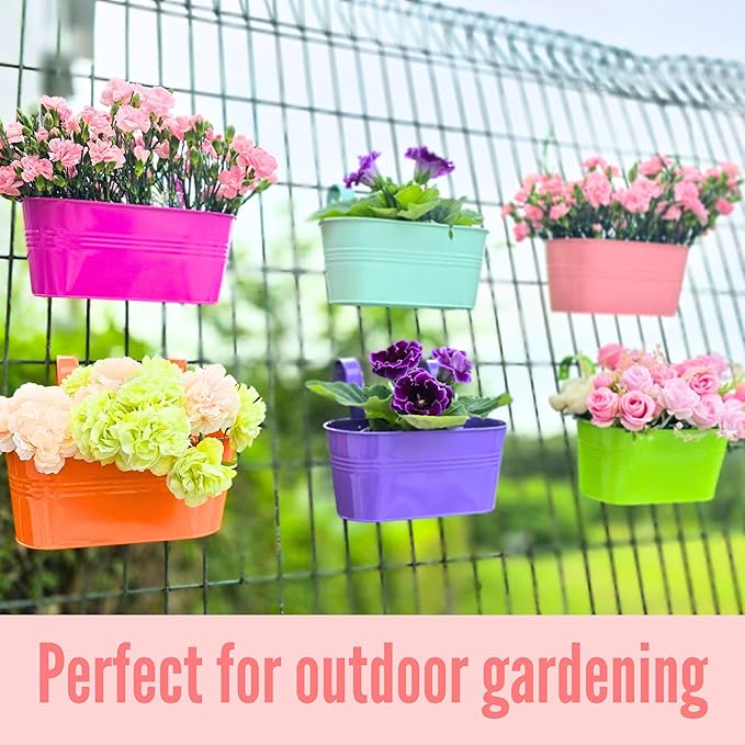 LaLaGreen Rail Planter (11.8 Inch, 6 Pack) Colorful Metal Hanging Flower Pots Railing Fence Balcony Gardening for Apartment Patio Planters Modern Garden Style Iron Outdoor Decoration Porch Decor