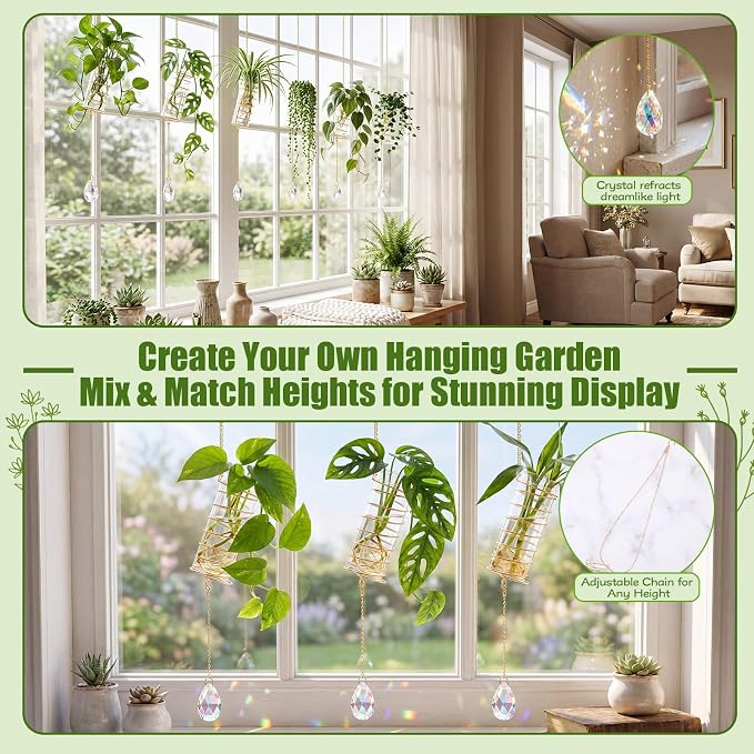 Sieral 6 Set Hanging Propagation Stations with Crystal Suncatchers Glass Propagation Station Planters with Metal Chain for Indoor Wall Hydroponic Propagated Plant Holder Home Decor Gift for Women