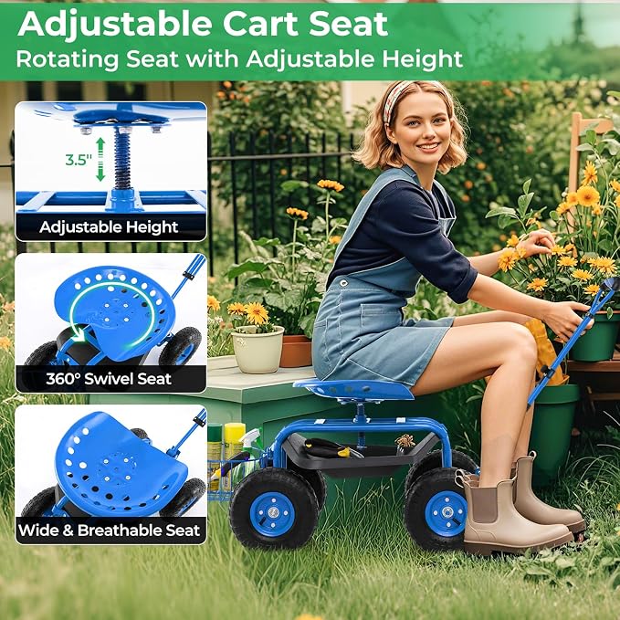 Garden Seat with Wheels, Rolling Stool with Extendable Handle, Storage Basket & Tool Tray, Garden Scooter with 360 Degree Swivel Seat for Outdoor & Yard (Blue)