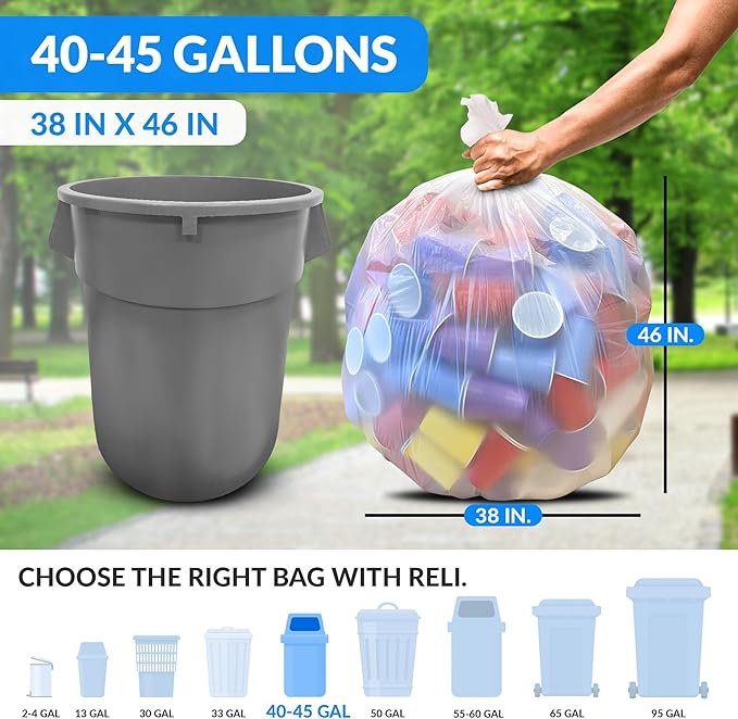 Reli. 40 to 45 Gallon Trash Bags Heavy Duty | 50 Trash Bags with Ties | Super Sizeable, Clear, Serious Garbage Cleanup