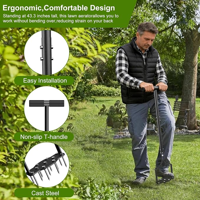 Manual Lawn Aerator Tool with 11 Steel Spikes, Easy Step-On Soil Aerator for Yard & Garden, Heavy Duty Lawn Spike Aerator with Foot Bar & T-Handle, Improve Drainage & Thicker Grass