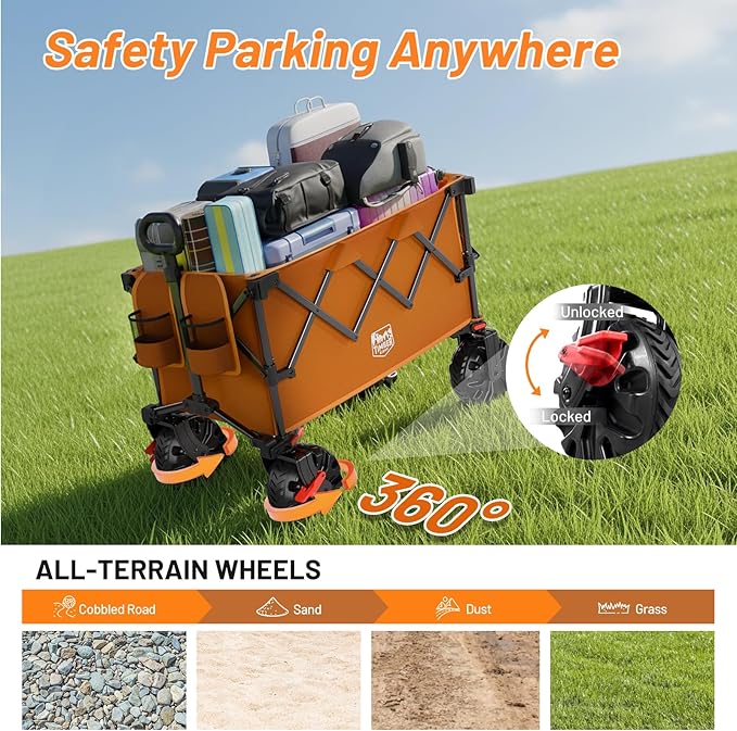 TIMBER RIDGE Outdoor Collapsible Folding Wagon with Brakes and Cup Holders, 500lbs Heavy Duty All Terrain Wheels Utility Cart for Shopping Camping Garden Sports, Orange
