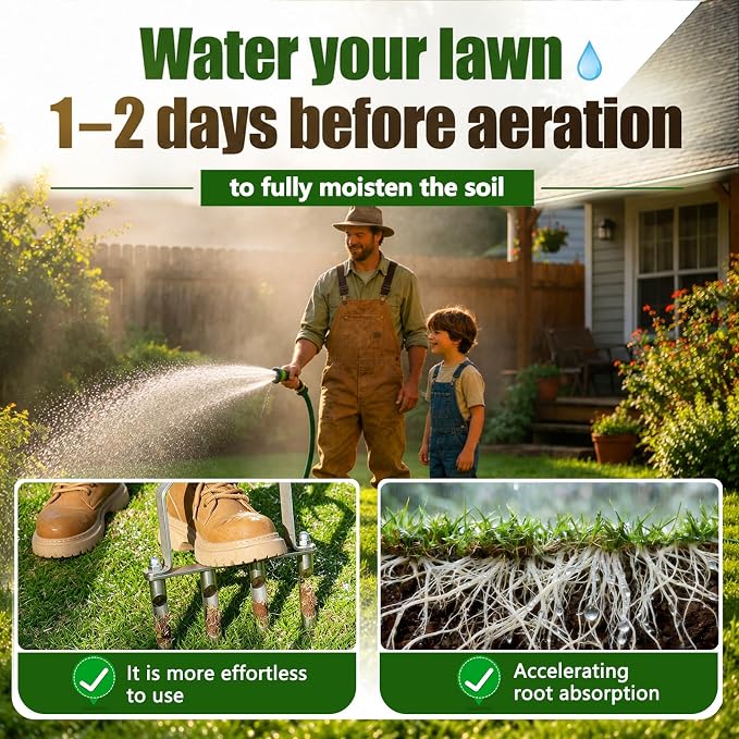 Stainless Steel Aerator Lawn Tool with 4 Heavy-Duty Hollow Tines,Anti-Clogging Core Aerator,Ergonomic Design Lawn Aerator,Semi-Assembled Lawn Aerator Tool for Lawn Garden Yard Patio