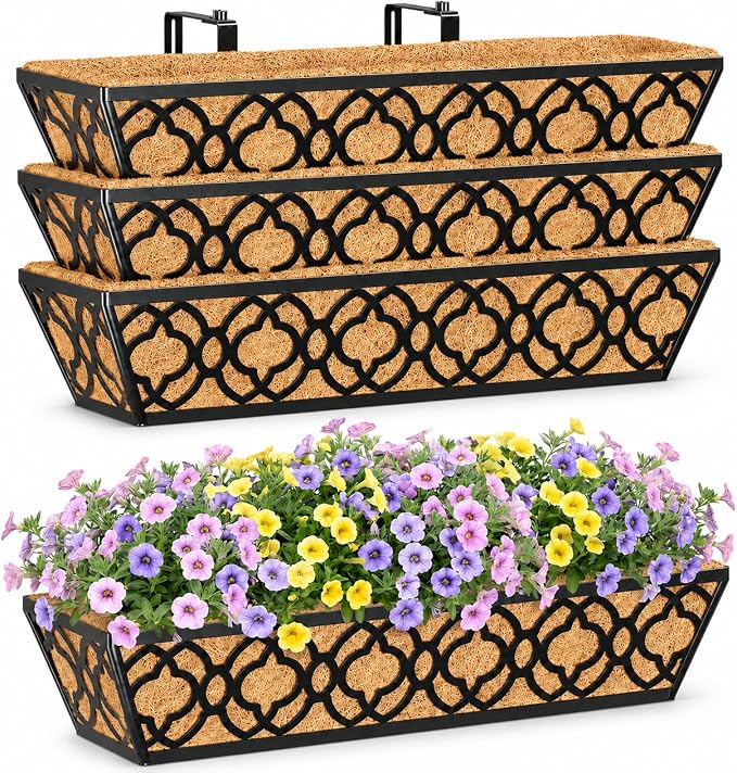 Y&M 4pcs 24 Inch Window Deck with Coconut Coir Liner, 24" Railing Planter Horse Trough Coco Basket Boxes Metal Hanging Flower Balcony for Outdoor Garden Fence Lawn