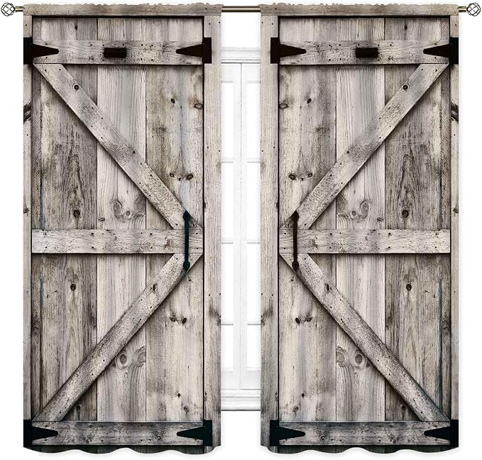 Barn Door Curtains, Farmhouse Rustic Gray Barn Door Country Cottage Western Barnwood Garage Blackout Window Treatments for Kitchen Living Room Bedroom Cafe, 42"x54" Inch