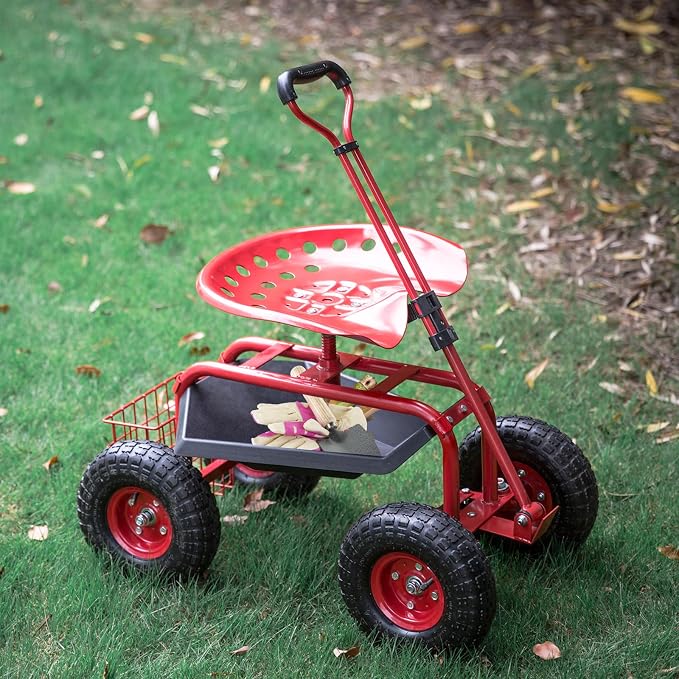 KINTNESS Garden Cart Seat Rolling Scooter Wagon with Extendable Steering Handle Swivel Seat & Utility Basket (Red)