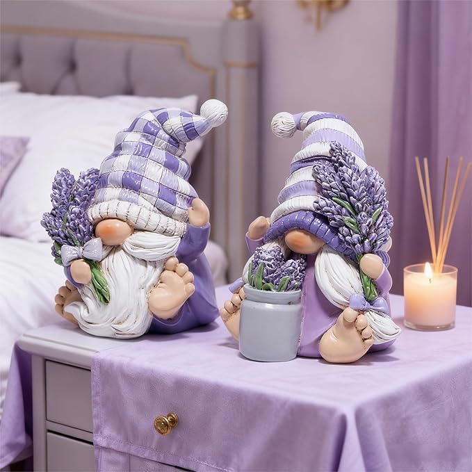 Hodao Set of 2 Lavender Gnome Figurines - Spring Decor for Bathroom, Shelf, Tiered Tray Patios, and Garden, Gift for Mom Friends Housewarming