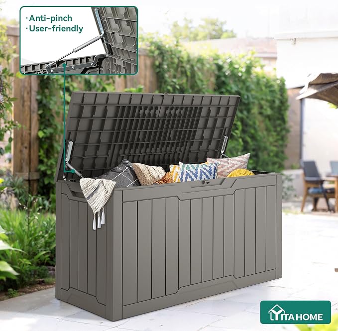 YITAHOME 80-Gallon Waterproof Resin Outdoor Storage Box, Lockable Storage Container for Outdoor Furniture, Cushion Storage, Pool Accessories, Garden Tools and Sporting Gear, Taupe