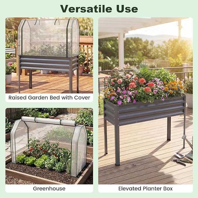 Giantex Raised Garden Bed with Legs & Greenhouse Cover, 44x20x60 Elevated Metal Planter Box with Roll-up Door, Outdoor Mini Greenhouse for Vegetable Flower Herb Patio Balcony (Gray,1)