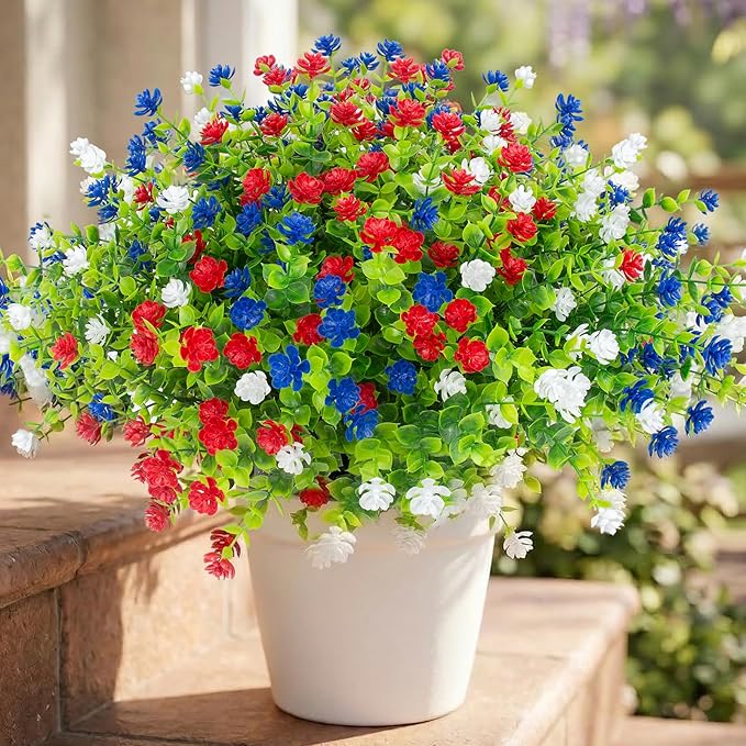 Hananona 24 Pcs Artificial Flowers Outdoor, Faux Artificial Plants UV Resistant Plastic Patriotic Flower Bulk for 4th of July Hanging Planter Porch Window Home Summer Decor (24, Red, White, Blue)