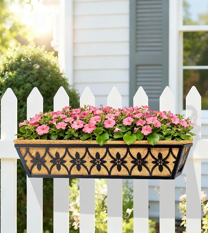 30 Inch Window Boxes Planters Railing Planter Box - 4 Pack Deck Railing Planter Boxes with Adjustable Brackets Coco Liners Balcony Planters Railing Hanging for Window Flower Boxes Outdoor Garden Decor