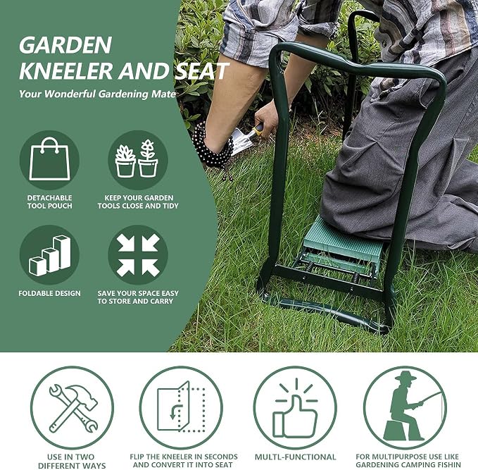waltyotur Garden Kneeler and Seat Foldable Stool Kneeling Bench with Handles Garden Kneeler Bench Stools with Tool Bag Pouch EVA Foam Pad